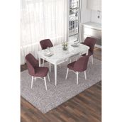 Canisa Nef Serisi, Beyaz Mermer Desen 70x114, Açılabilir Mdf Yemek Odası Takımı, 4 Gülkurusu Sandalye