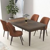 Canisa Nil Serisi Barok Ahşap Desen 70x110 cm Sabit Masa 4 Sandalye Kahverengi Mutfak Masası Takımı