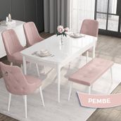 Canisa Nil Serisi Beyaz 70x110 CM Sabit Masa 4 Sandalye Pembe Mutfak Masası Takımı