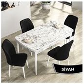 Canisa Rio Serisi 80x132 Açılabilir Mdf Beyaz Mermer Desen Masa Takımı ve 4 Adet Siyah Sandalye