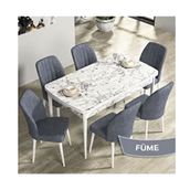 Canisa Rio Serisi 80x132 Açılabilir Mdf Beyaz Mermer Desen Masa Takımı ve 6 Adet Füme Sandalye