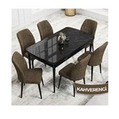 Canisa Rio Serisi 80x132 Açılabilir Mdf Siyah Mermer Desen Masa Takımı ve 6 Adet Kahverengi Sandalye