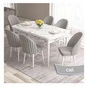 Canisa Roz Serisi 80x132 Açılabilir Beyaz Mermer Desen Masa Takımı ve 6 Adet Gri Sandalye