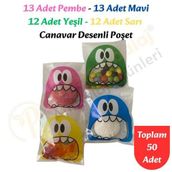 CarpCorn 50 Adet 4 Renkli Canavar Desenli Cake Pop & Kurabiye Poşeti - 10x15 cm