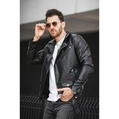 Castries Yandan Fermuarlı Kemerli Slim Fit Erkek Deri Ceket - 2XL - Siyah