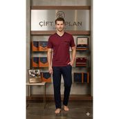 Çift Kaplan Erkek Düz V Yaka Kısa Kol Pijama Takımı 8101 - Bordo - 3XL