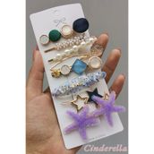 Cinderella 8'li Kadın Mor Deniz Yıldızlı İncili Taşlı Özel Toka Seti - Lüks Pens Çıtçıt Klips Yan Saç Tokası