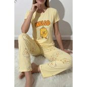 Civciv Desenli Kısa Kollu Kadın Pijama Takımı - Sarı - XL