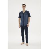 Cm Store Kocabey KKT-26154 Erkek V Yaka Boydan Düğmeli Pijama Takımı - Lacivert - 2XL