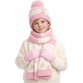Çocuk Kış Seti, Pembe ve Beyaz, Ponponlu Bere, Atkı ve Eldiven, 3 Parça, Örgü Desenli