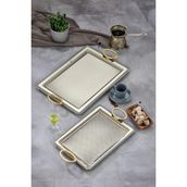 Cooker Dikdörtgen Model Lüx Metal 2’li Sunum Tepsisi – Altın Kulplu Şık Çay Tepsisi, Kahve ve Nişan Sunum Tepsisi Seti (35X25 cm ve 44X32 Cm) - Gümüş