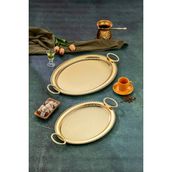 Cooker Oval Model Lüx Metal 2’li Sunum Tepsisi – Şık Kulplu Çay Tepsisi, Kahve ve Nişan Sunum Tepsisi Seti (37X28 cm ve 44X33 Cm) - Altın