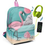 Coral High 23423 Yeşil Flamingolu Üç Bölmeli Usb Şarjlı Kulaklık Çıkışlı Sırt Çantası