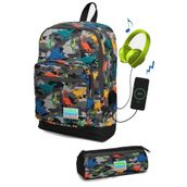 Coral High Kids Koyu Gri Siyah Kamuflaj Dinozor Desenli USB'li 2'li Seti - Erkek Çocuk Okul Çanta