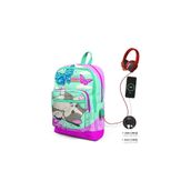 Coral High Kids Su Yeşili Pembe Kedi Desenli USB Şarjlı Kulaklık Çıkışlı 23807 Okul Sırt Çantası