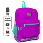 Coral High Logo Nakışlı Mor Yeşil Ortaokul Lise ve Günlük Usb ve Aux Soketli Sırt Çantası