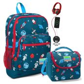 Coral High Okul Çantası ve Beslenme Çantası Seti - Erkek Çocuk Lacivert Mavi Astronot - USB Soketli PZM1760 Okul Çantası