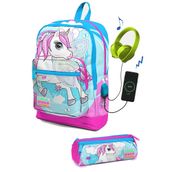 Coral High SET0223811 Kids Mavi Neon Pembe Unicorn Desenli Usb'li 2'li Okul Çanta Seti