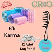 Croc 1225 Karma Bigudi 6'lı + Saç Pensi 12'li Cırtlı Yapışkanlı Saç Bigudisi