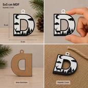 D Harf Yılbaşı Süsü – Mdf Çam Ağacı Desenli Asılabilir Dekor (5X5 Cm)