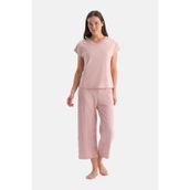 Dagi Kadın Pijama Takımı, V Yaka Kısa Kollu Tişört Pantolon, Gül Kurusu, XL Beden