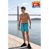 DAMGA JEANS Erkek Relax Fit Bağcıklı Fermuarlı Cepli Turkuaz Deniz Şortu