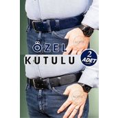 debbah %100 Hakiki Manda Derisi 2' Li Erkek Kemer Lacivert - Siyah Kot Kemer 4.5cm