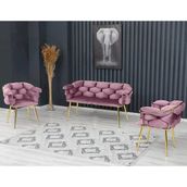 Decoraks Balon Çay Seti Takımı Koltuk Takımı Oturma Odası Kafe Antre Hol Ofis 2+1+1 Gold Metal - Pudra Pembe