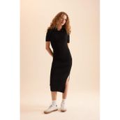 DeFacto D4914AXNS Siyah-BK27 Fitted Polo Yaka Kısa Kollu Yırtmaçlı Midi Triko Elbise