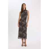 DeFacto D5061AX24AU Kahve-BN192 Bodycon Vücuda Oturan Bisiklet Yaka Leopar Desenli Tül Kolsuz Maxi Elbise