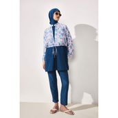 DeFacto G7443AX26HS Regular Fit Çiçekli 4'lü Burkini Mavi Kadın Tesettür Mayo