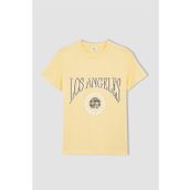 DeFacto X2470A622SP Bej-BG221 Regular Fit Baskılı Kısa Kollu Pamuklu Penye Erkek Çocuk T-shirt