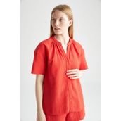 DeFacto X9275AZ22HS Kırmızı Fall In Love Regular Fit Kısa Kollu Pijama Yaka Müslin Pijama Üst