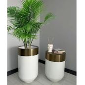 Dekoratif Eskitme Darbuka Parlak Beyaz Saksı 70 cm + Sehpa 60 cm İkili Set