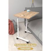 Depolife Eğim Yükseklik Ayarlı Laptop Sehpası Kahvaltı Ders Çalışma Bilgisayar Masası Metal Ayak Tekerlekli, tekerlekli-eğimli-ceviz-beyaz