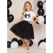 Dıgıl Kids Kız Çocuk Kurdele ve Çiçek Desenli T-Shirt Etek Takım - Siyah - Beyaz - 8 - 9 Yaş