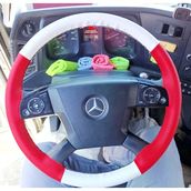 Dikişli Direksiyon Kılıfı Kırmızı / Beyaz Deri Siyah Dikişli Yeni Mercedes Tır Kamyon