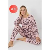 DOFİ Kadın Pembe Leopar Desenli Kışlık Pijama Takımı – DTY Kumaş, Uzun Kollu, Cepli, Manşetli