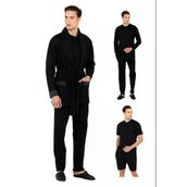 D's Damat Saten Biyeli Patlı Erkek 5'Li Penye Rob Ve Pamuk Pijama Takımı Damat Sandığı Çeyiz Seti Siyah