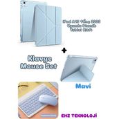 EHZ Teknoloji Apple iPad A16 11inç 2025 Uyumlu Standlı Tablet Kılıfı + Bluetooth Klavye Mouse Set - Mavi