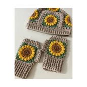 El örgüsü Crochet Ayçiçek Desenli Kadın Bere Eldiven Set, Kadın Bere, Kadın Eldiven ,Tığ İşi Bere Eldiven Set