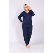 Elit Kadın Büyük Beden Yaka Düğmeli Uzun Kollu Penye Anne Lacivert Pijama Takımı