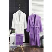 Elmira Textile 4 Parça %100 Beyaz Lavanta Kadın Erkek Havlulu Bornoz Takımı