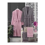 Elmira Textile 4 Parça %100 Pembe Gri Kadın Erkek Havlulu Bornoz Takımı