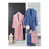 Elmira Textile 4 Parça Lacivert Pembe Kadın Erkek Havlulu Bornoz Takımı