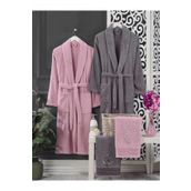 Elmira Textile 4 Parça Pembe Gri Kadın Erkek Havlulu Bornoz Takımı
