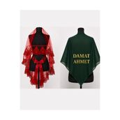 ELYNA Kırmızı Gelin Duvağı & İsimli Yeşil Şifon Damat Örtüsü 2li Set Baskılı Gelin Damat Kına Düğün Seti