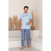 Erkek Ekose Desenli Kısa Kol Pijama Takımı - Mavi