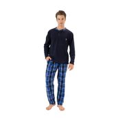 Erkek Kışlık Düğmeli Yaka Kareli Alt Polar Pijama Takımı Lacivert M