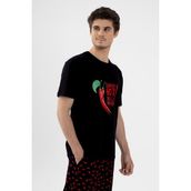 Erkek Pamuklu Kısa Kollu Chilli Baskılı Cep Detaylı Pijama Takımı Kırmızı - Siyah XL
